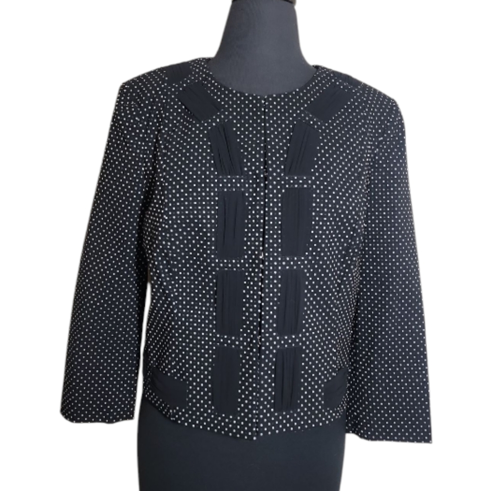 CAbi women's seaside chic black white polka dot cropped blazer size 10 34 sleeve